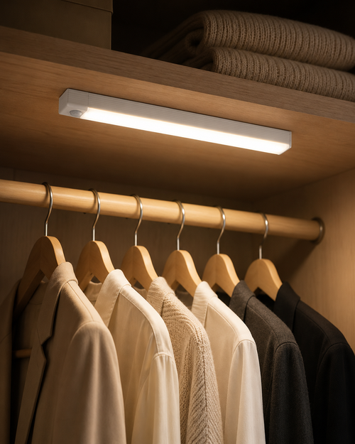 Barre LED LUMEQIA installée dans une penderie, éclairant des vêtements suspendus sur cintres