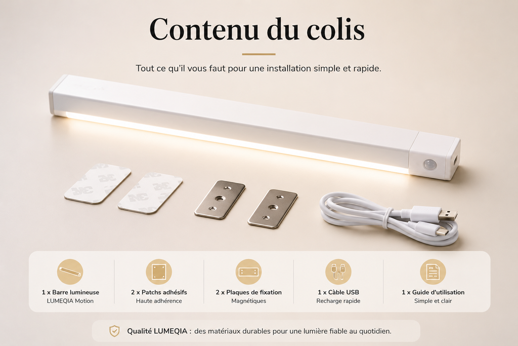 Contenu du colis LUMEQIA Motion : barre lumineuse, patchs adhesifs, plaques de fixation magnetiques, cable USB, guide