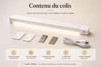 Contenu du colis LUMEQIA Motion : barre lumineuse, patchs adhesifs, plaques de fixation magnetiques, cable USB, guide
