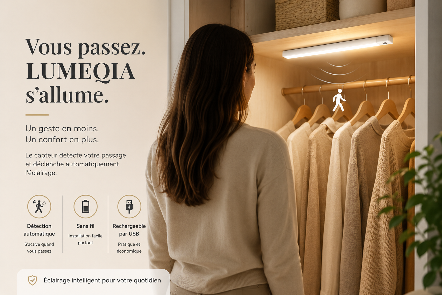 Femme approchant d'une penderie illuminee automatiquement par la barre LED LUMEQIA Motion, detection de mouvement