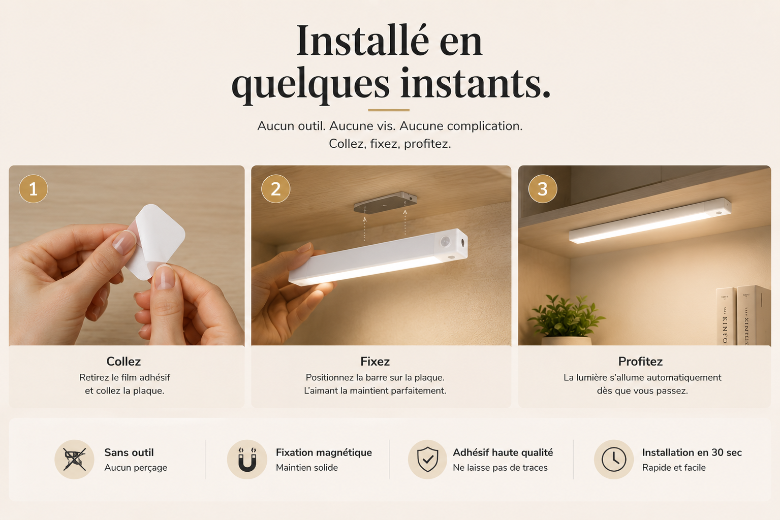 Installation en 3 etapes de la barre LED LUMEQIA Motion : coller, fixer, profiter