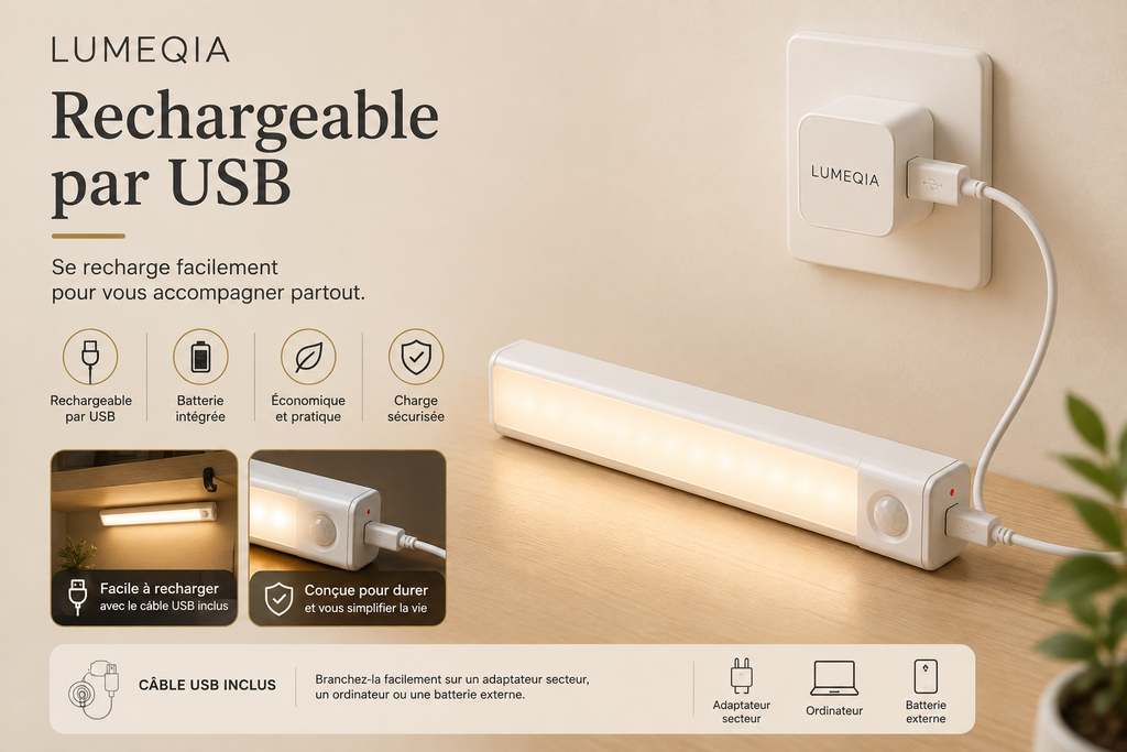 Barre LED LUMEQIA Motion rechargeable par cable USB inclus, adaptateur secteur LUMEQIA branche au mur